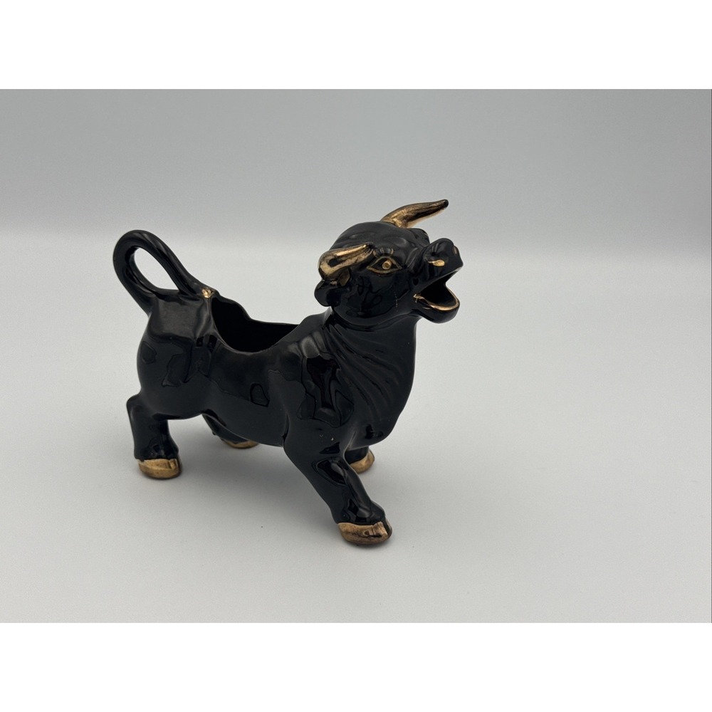 Vintage MCM Stoneware Ceramic Black& Gold Bull Coffee Creamer Dish 6"